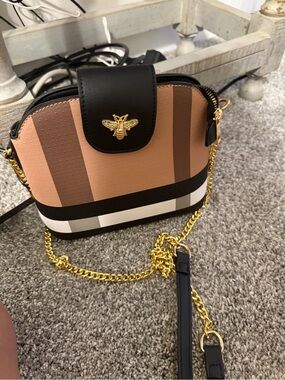 Striped Tan & Black Crossbody Bag with Gold Bee Accent